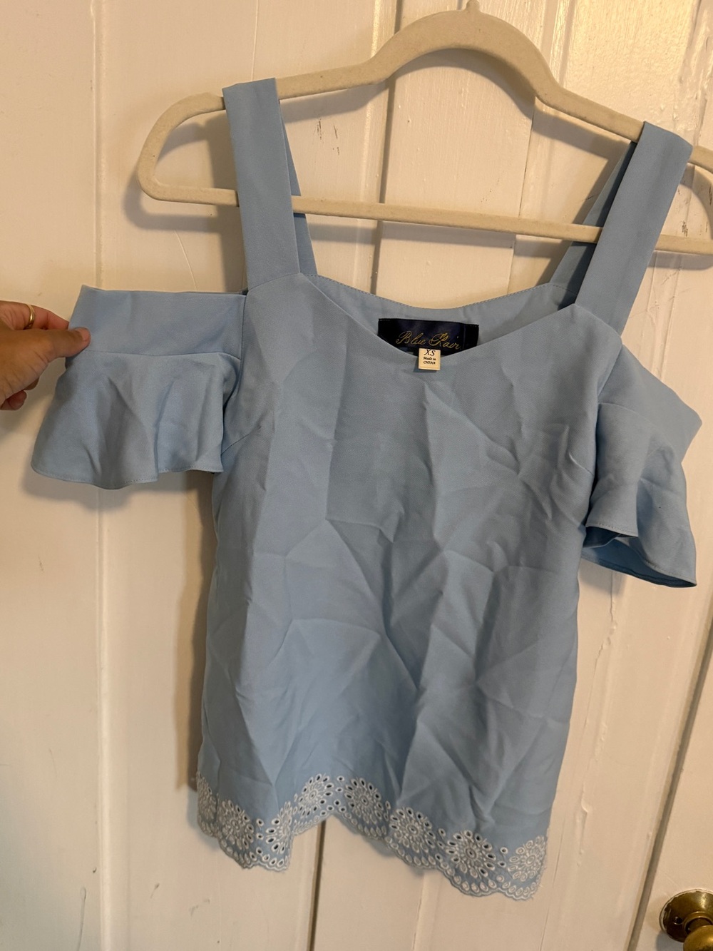 Blue Rain Light Blue Cold-Shoulder Eyelet Hem Top